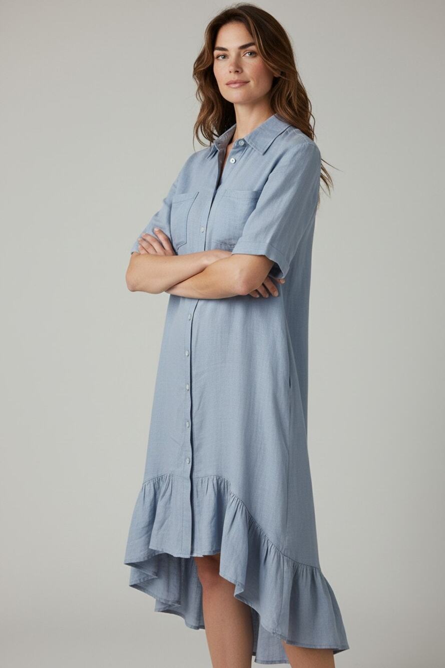 Dress Flax 1000% linen shirt  Shift ruffle Midi Chambray Oversized